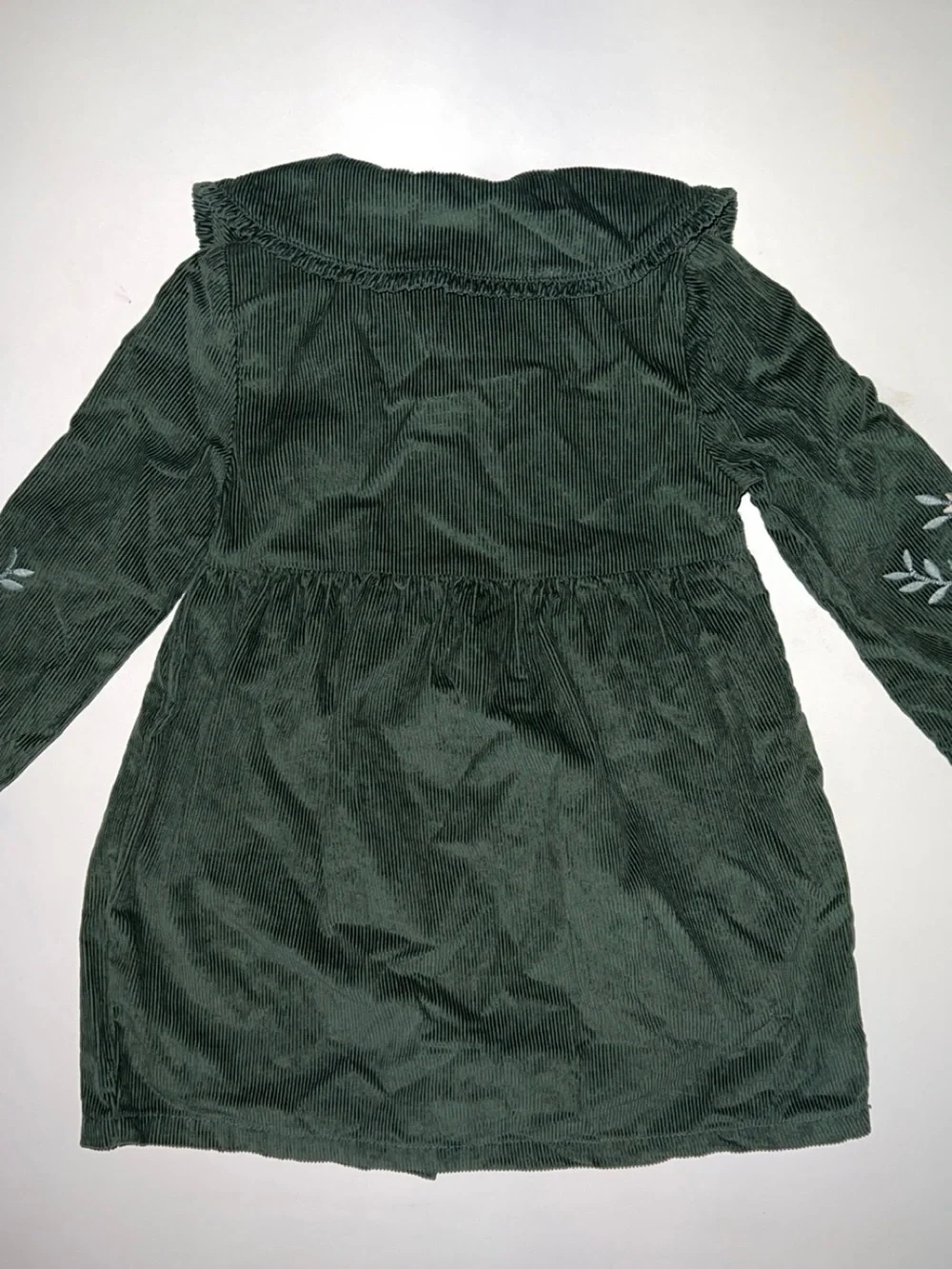Embroidered Deep Hunter Green Corduroy Floral Detailing Dress for Girls